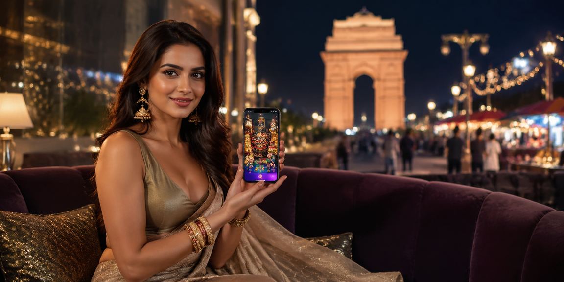 Delhi evening market near India Gate with online Rummy being played on phone