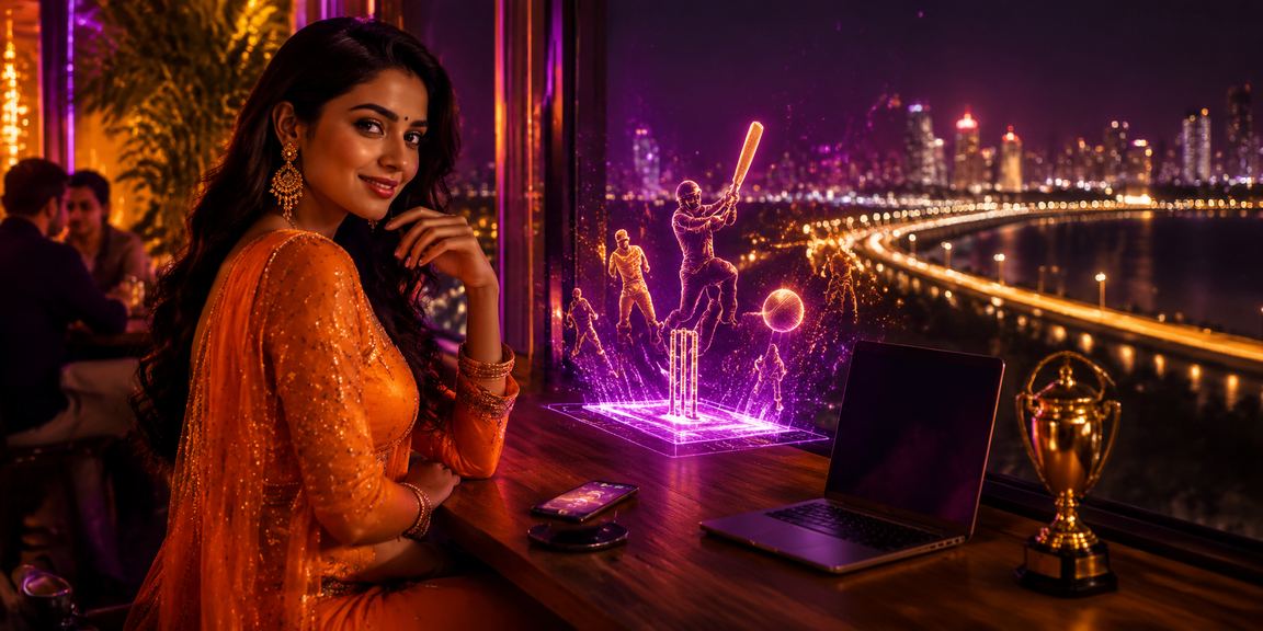 Night view of Mumbai Bandra with cricket-themed neon lights and Rummy gameplay on mobile